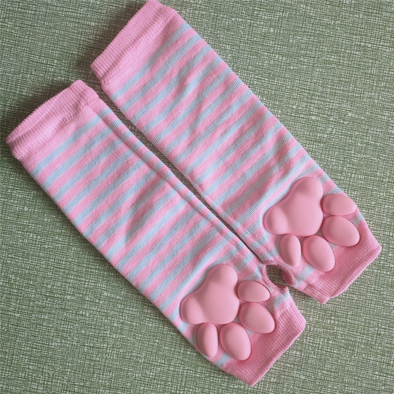 Pink And White Striped 3d Cat Paw Fingerless Gloves - Femboy Fashion
