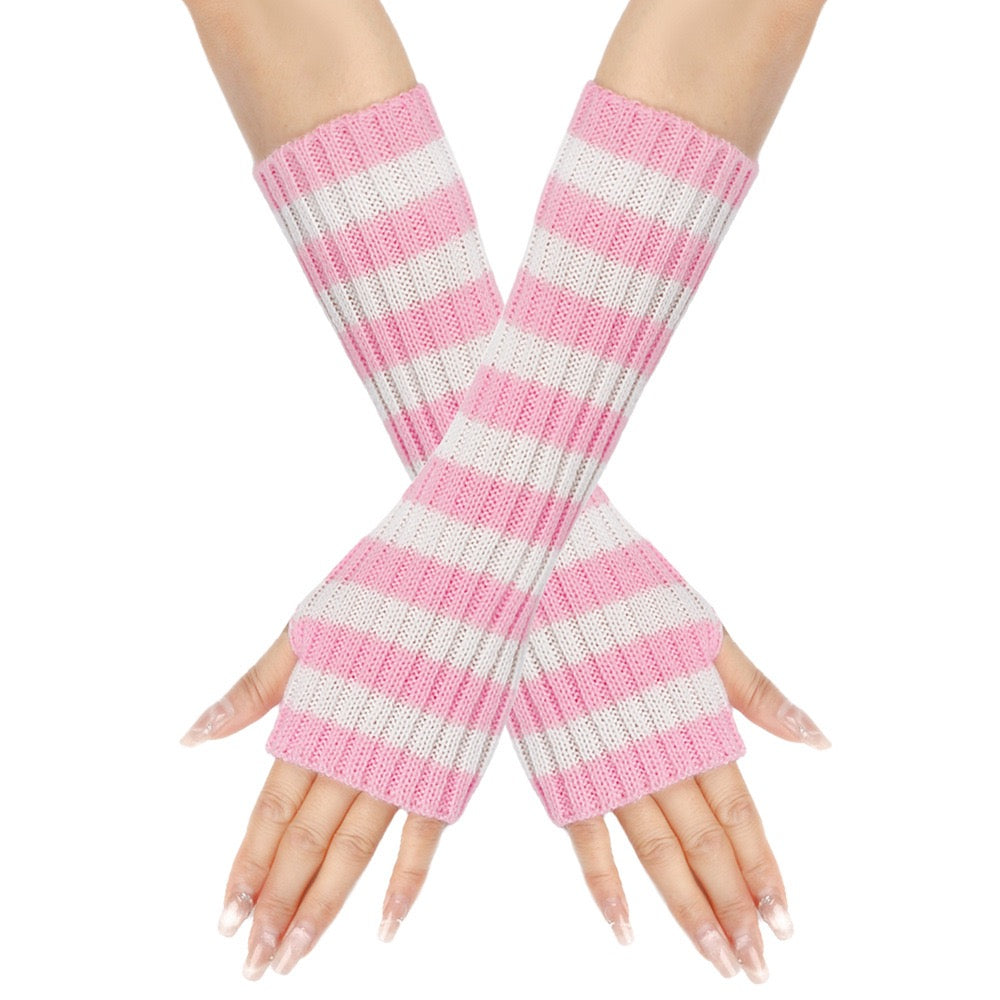Pink and white striped fingerless gloves on a white background