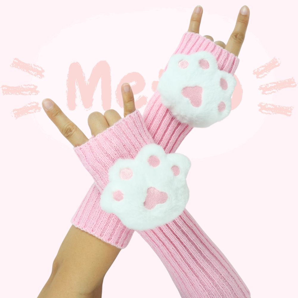 Pink fingerless gloves with paw designs on a pink background