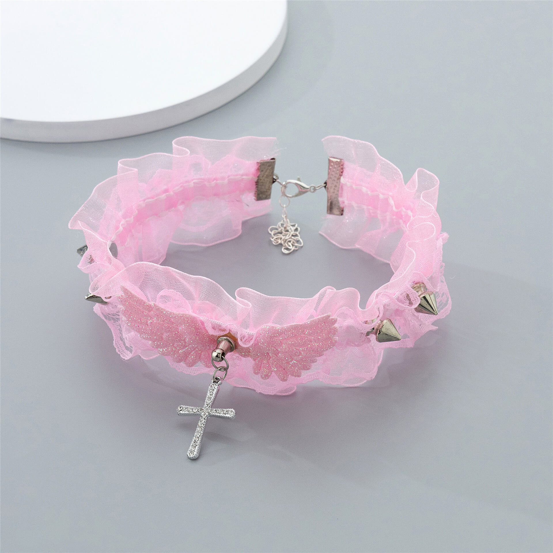 Pink Choker Necklace With A Cross - Femboy FashionChoker Necklace With A Cross