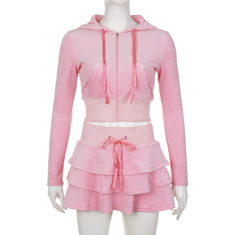 Pink Crop Top Hoodie & Skirt Two Piece Set - Femboy Fashion