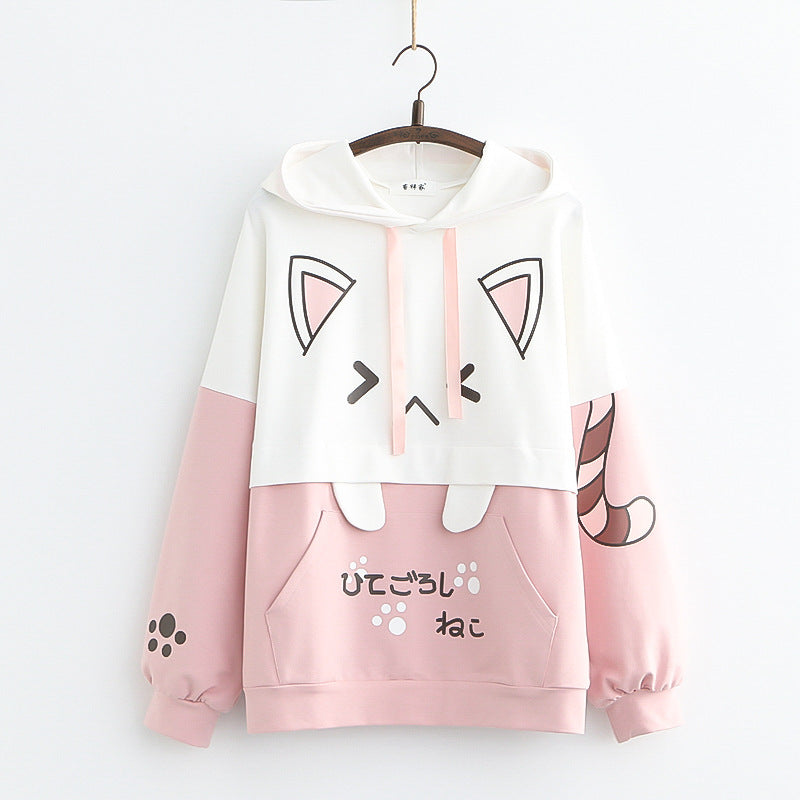 Pink Cute Cat Ear Printed Hoodie - Femboy Fashion