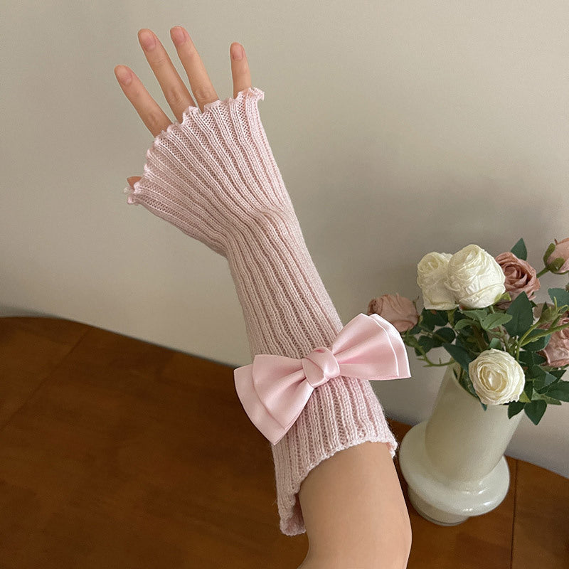 Pink Cute Fingerless Gloves With Bow - Femboy Fashion