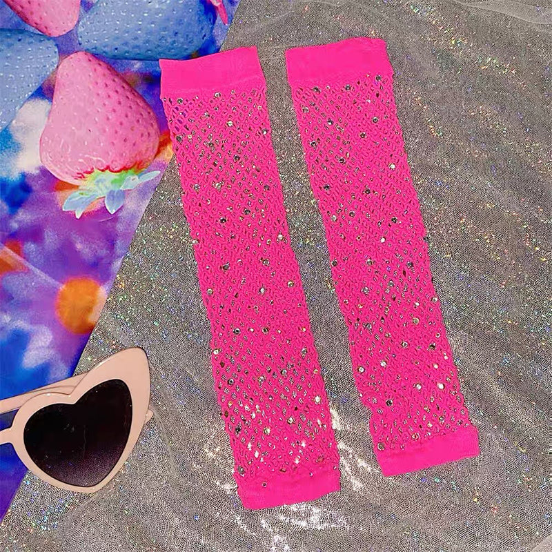 Pink Fishnet Gloves With Rhinestones - Femboy Fashion