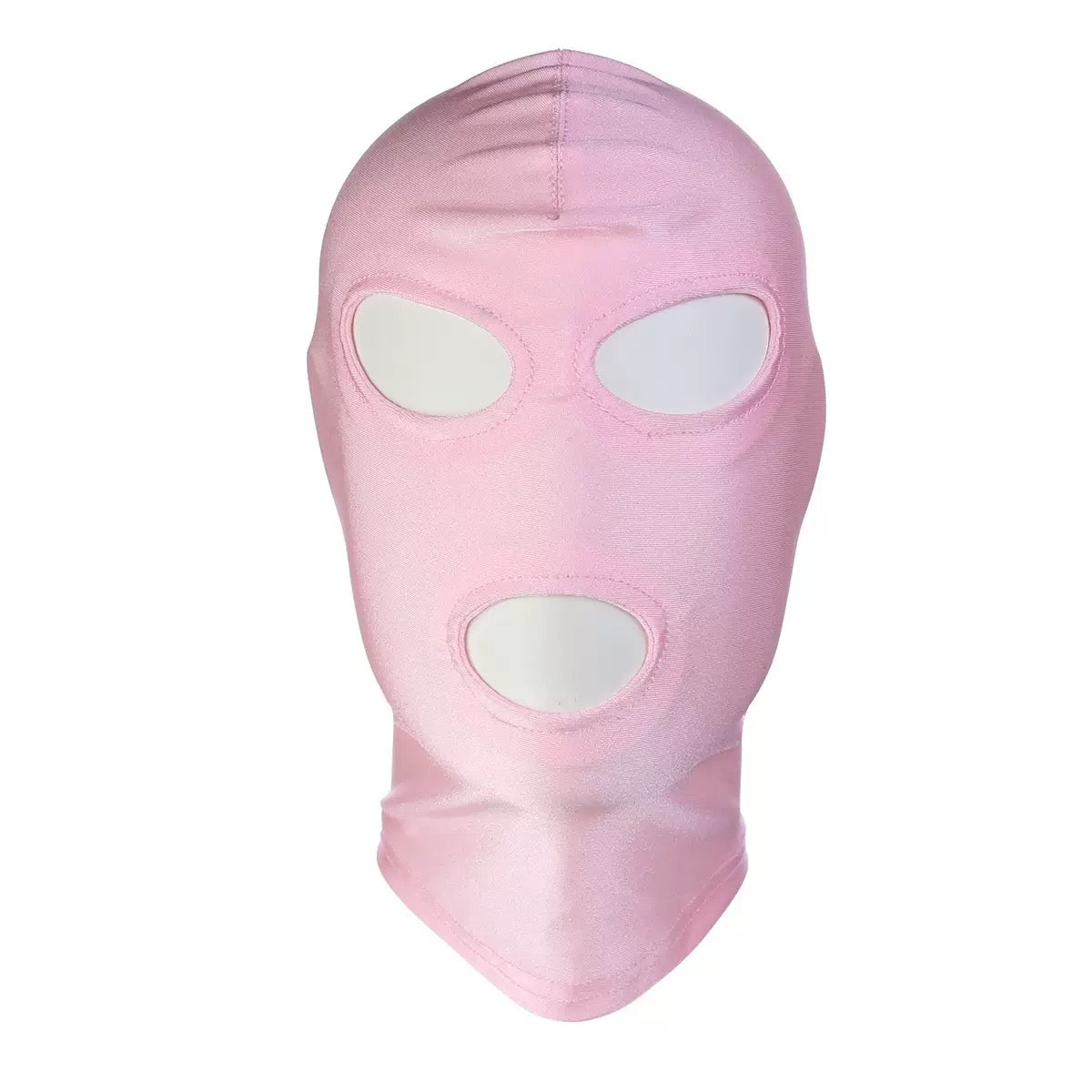 Pink face mask with white eye holes on a white background