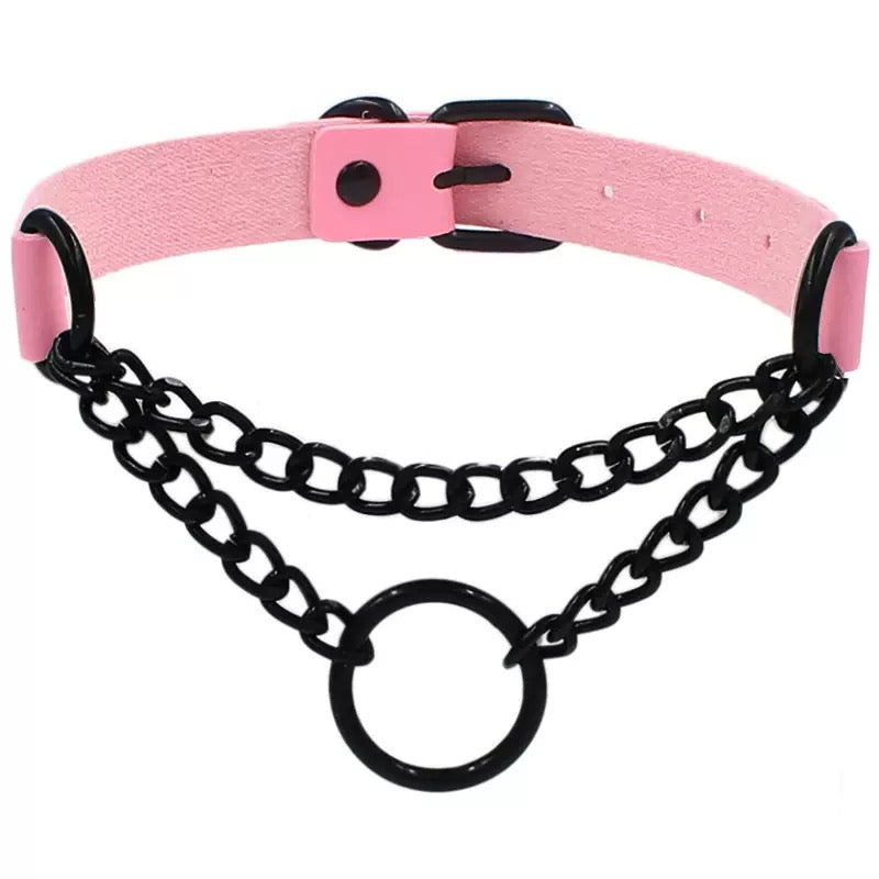 Pink gothic leather choker with round chain