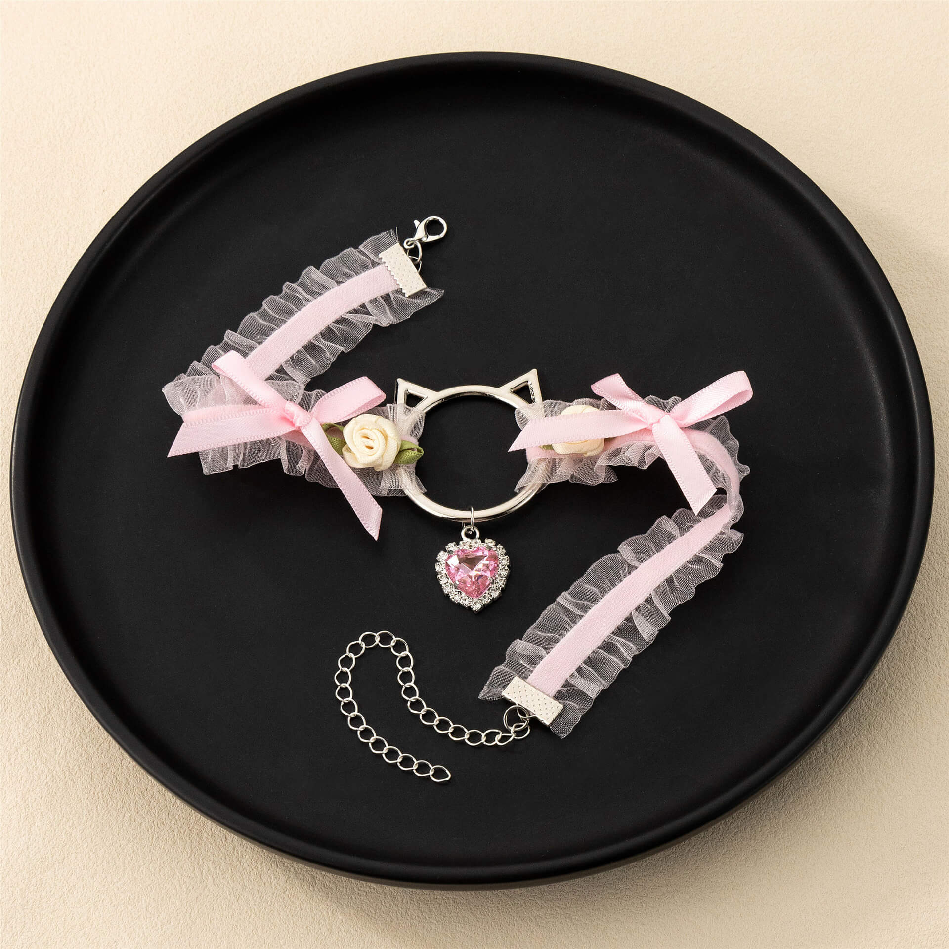Pink Lace Bow Choker Necklace With Cat Ear - Femboy Fashion