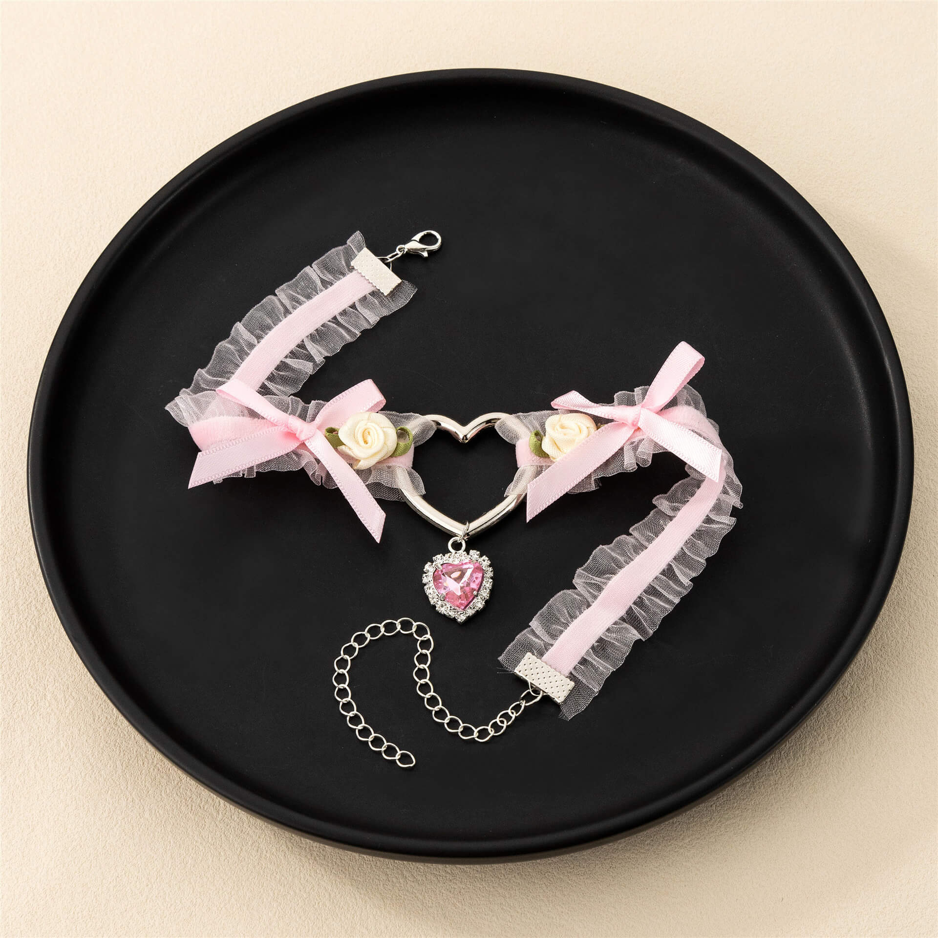Pink Lace Bow Choker With Heart - Femboy Fashion