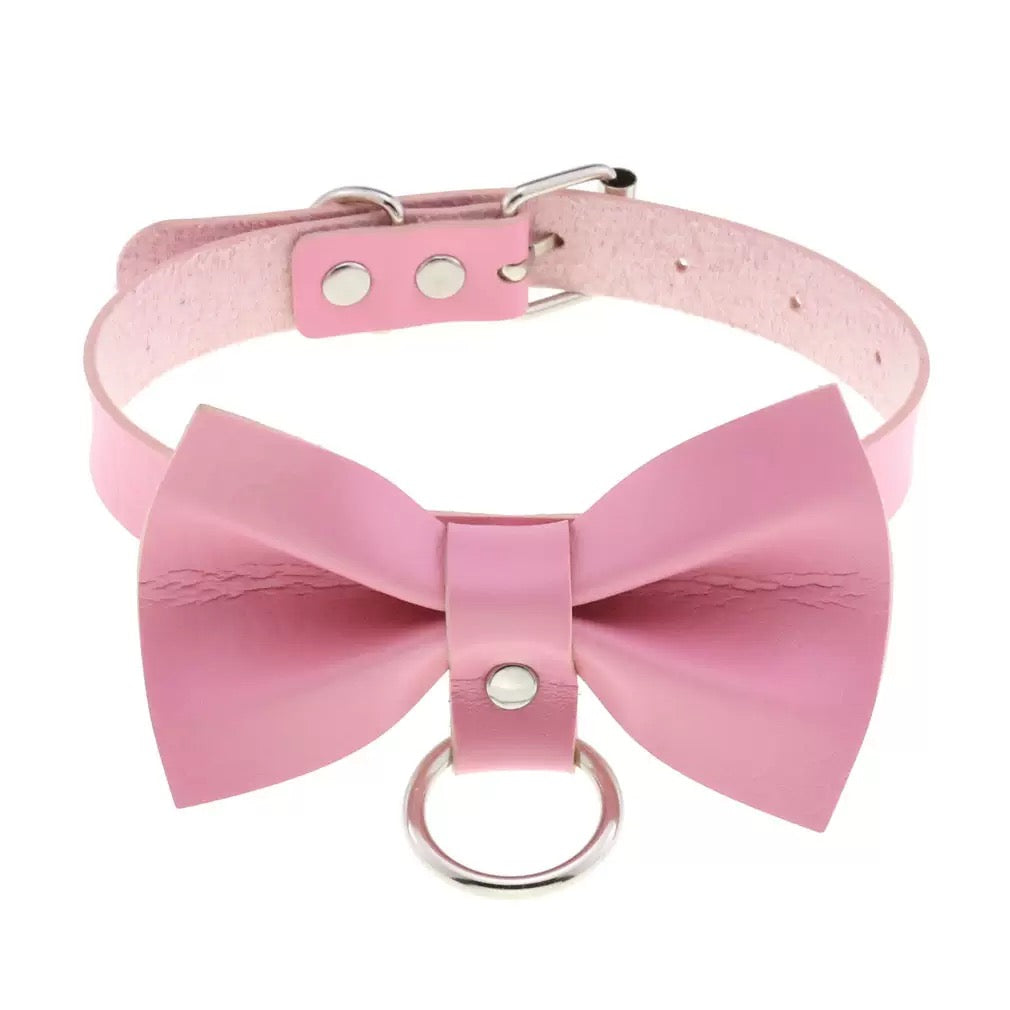 Pink leather choker with big bow