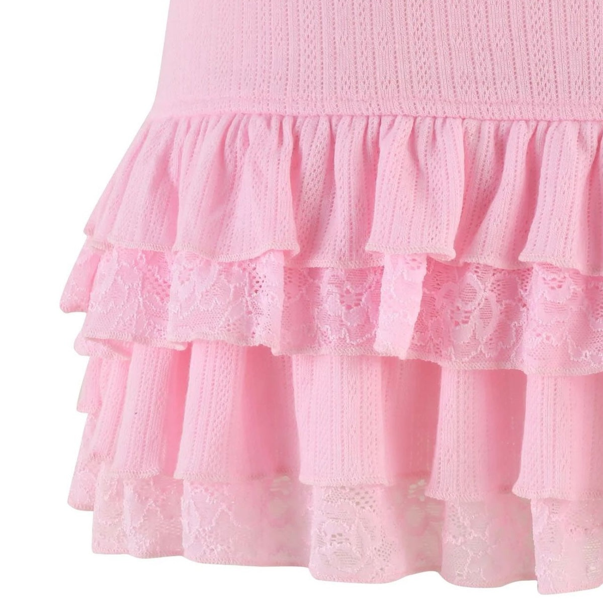 Pink multi layer white lace short skirt detail