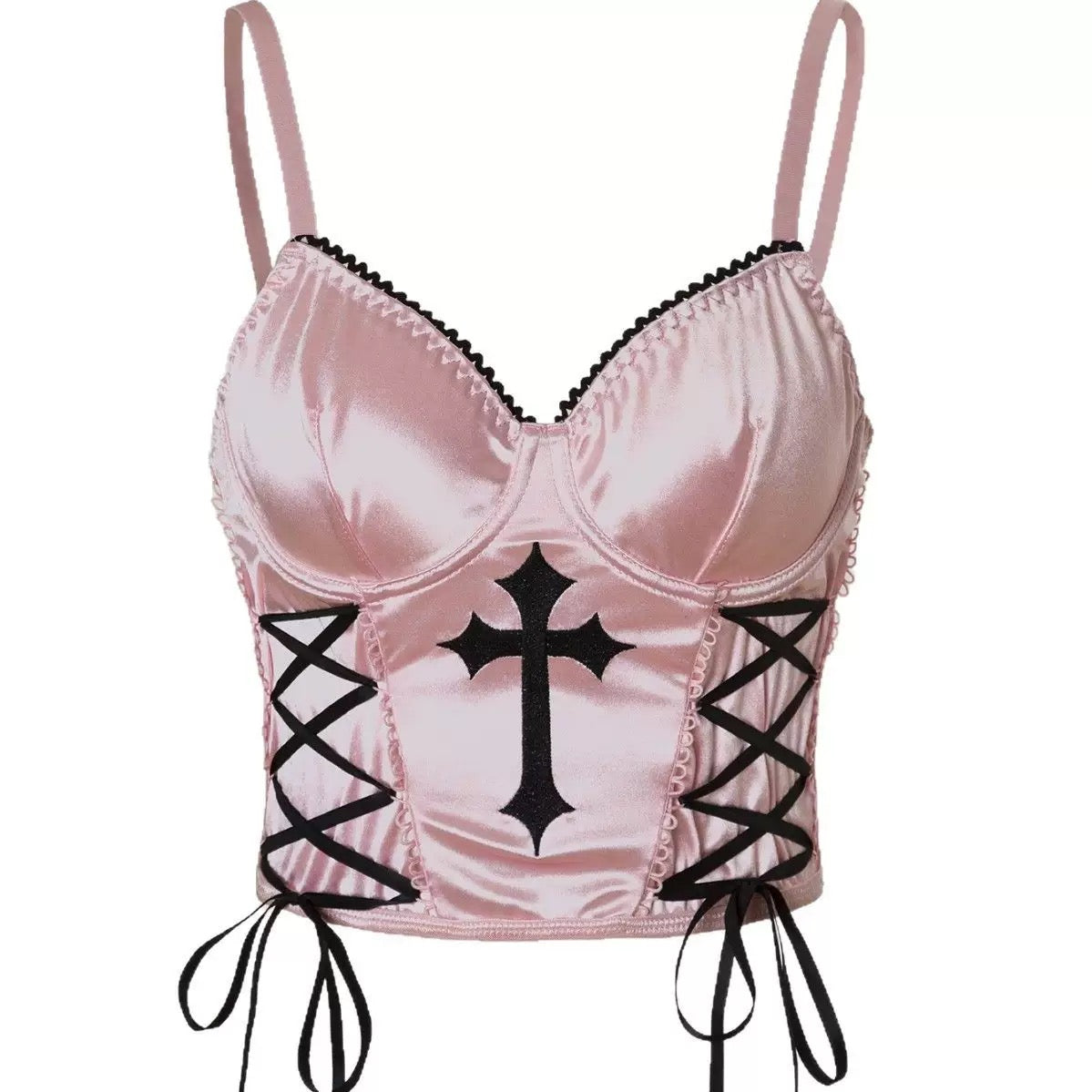 Pink satin corset top with black cross design and lace-up front on a white background