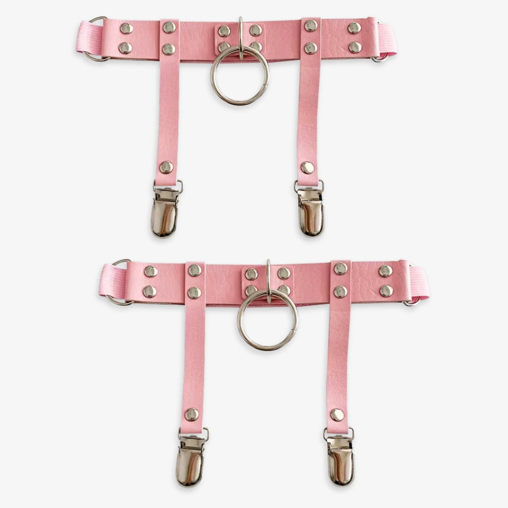 Pink punk leather garters with o-ring