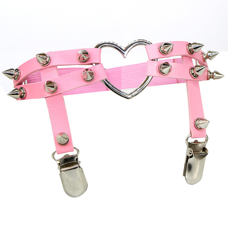 Pink Punk Leather Thigh Garter With Heart - Femboy Fashion