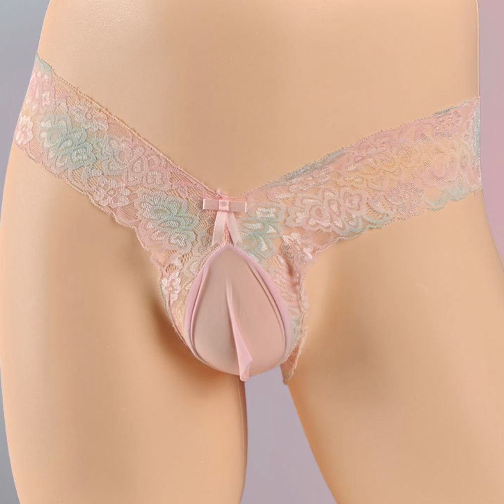 Pink Sexy Floral Lace Pouch Thong Panty