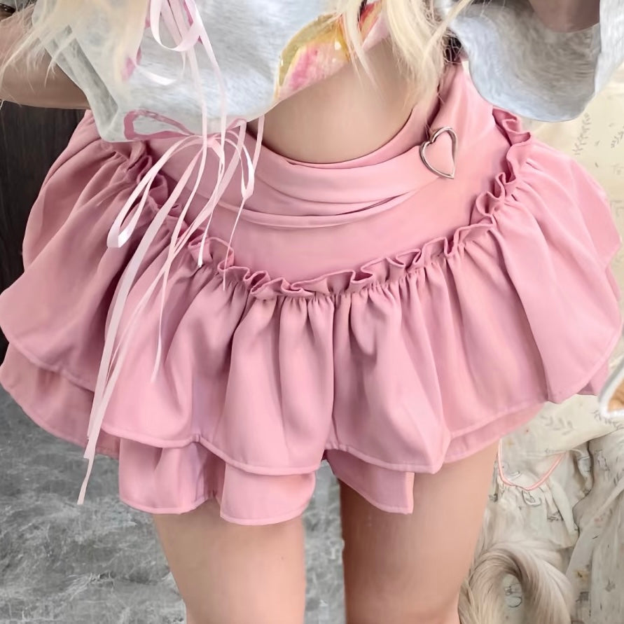 Pink sweet pink pleated short skirt