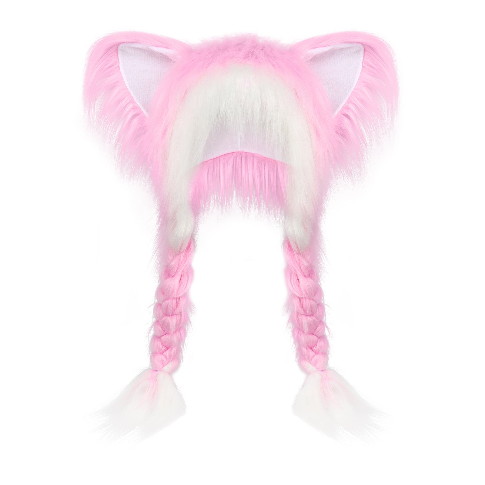 Pink and white braided wig with cat ears on a white background