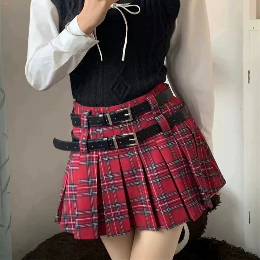 Plaid Red And Black Pleated Skirt - Femboy Fashion