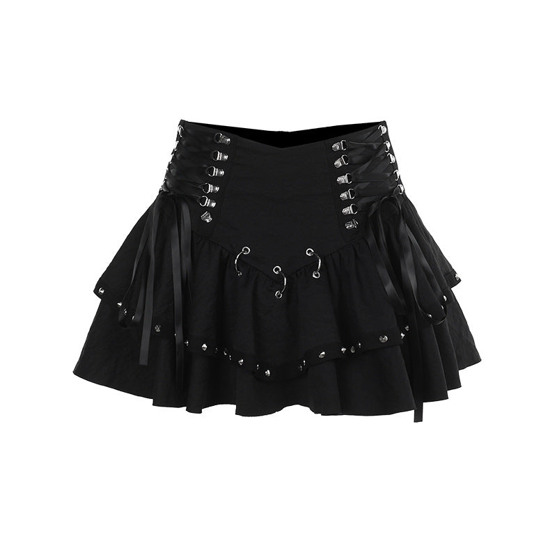 Punk black lace up skirt
