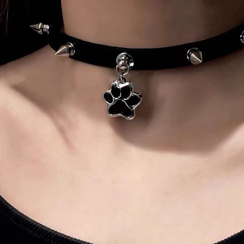 Punk leather choker with cat paw detail