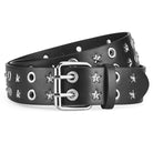 Black leather belt with star and round studs on a white background