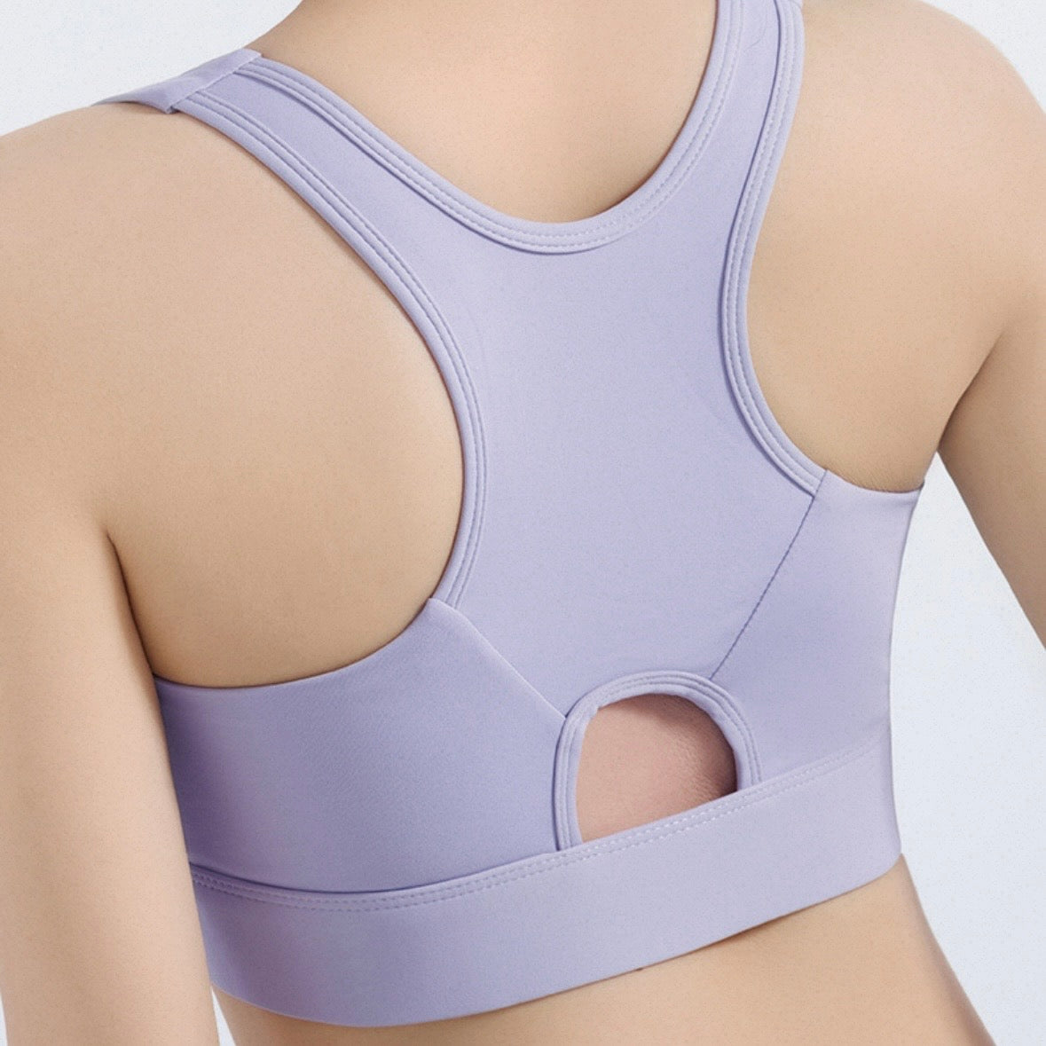 Purple front zip sports bra back details