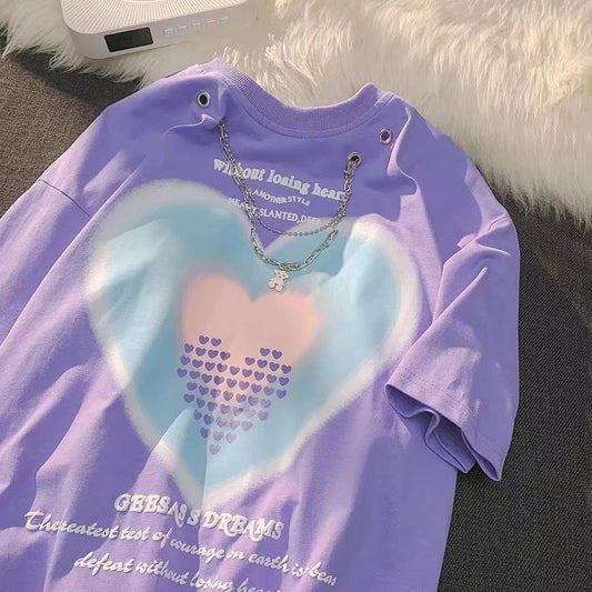 Purple Oversized Heart Print T Shirt With Chain - Femboy Fashion
