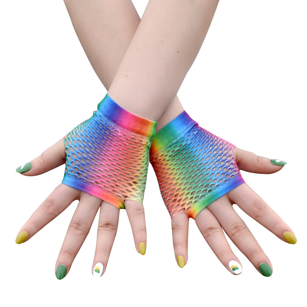 Rainbow Fishnet Gloves Short - Femboy Fashion