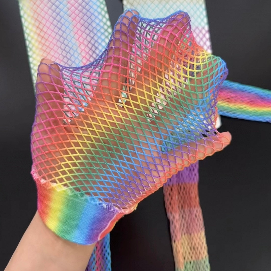 Rainbow Fishnet Thigh Highs And Arm Warmers Set Material Details