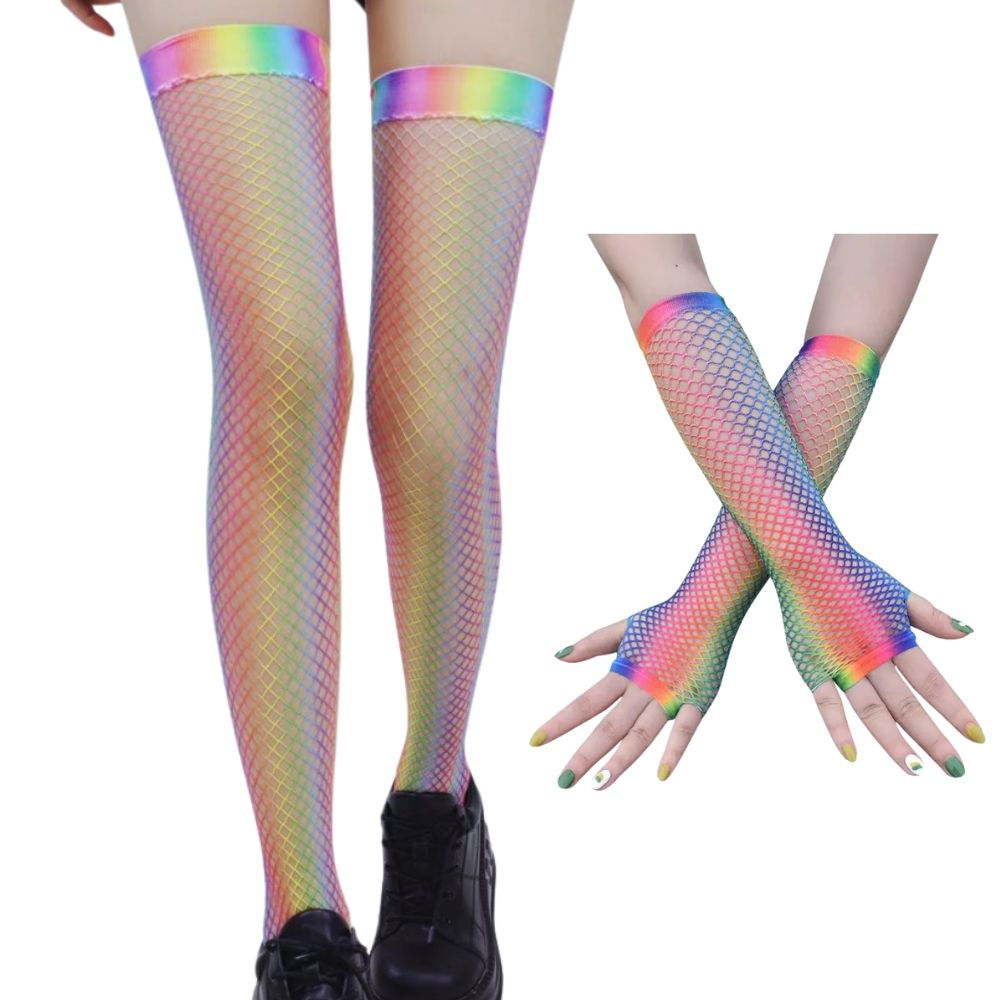 Rainbow Fishnet Thigh Highs And Arm Warmers Set