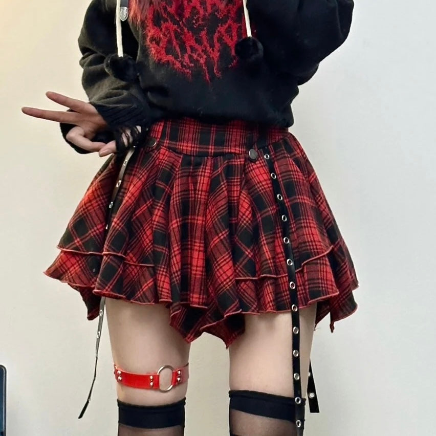 Red And Grey Plaid Pleated Skirt - Femboy Fashion
