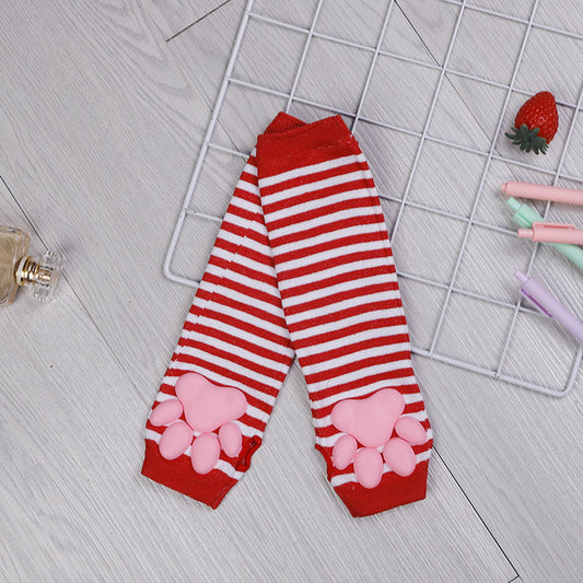 Red And White Striped 3d Cat Paw Fingerless Gloves - Femboy Fashion
