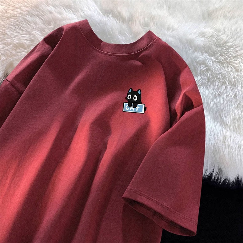 Red cute cat printed t-shirt for femboy