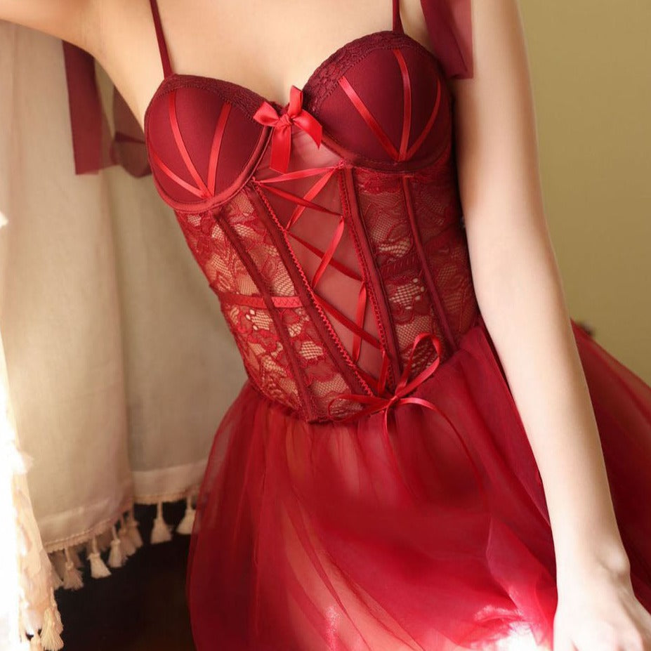 Red Lace Corset Dress Lingerie - Femboy Fashion