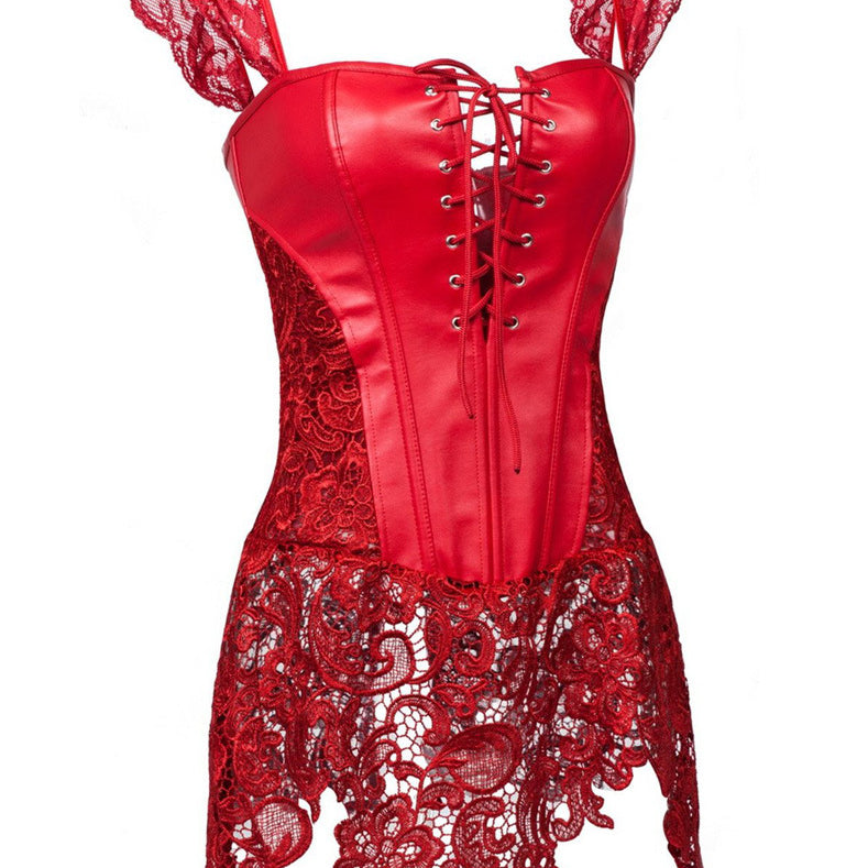 Red Lace Leather Corset Front - Femboy Fashion