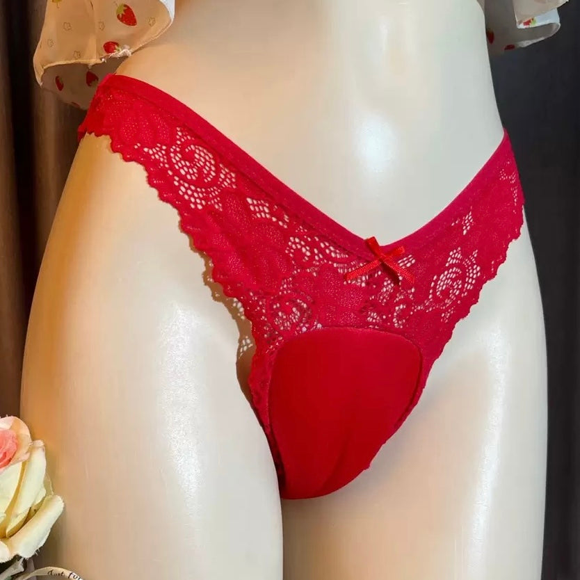 Red Low Waist Lace Cameltoe Panties