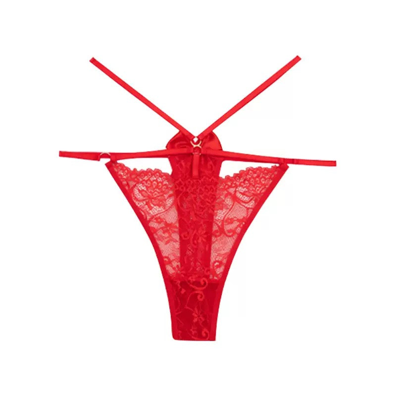 Red plus size floral lace thong panties
