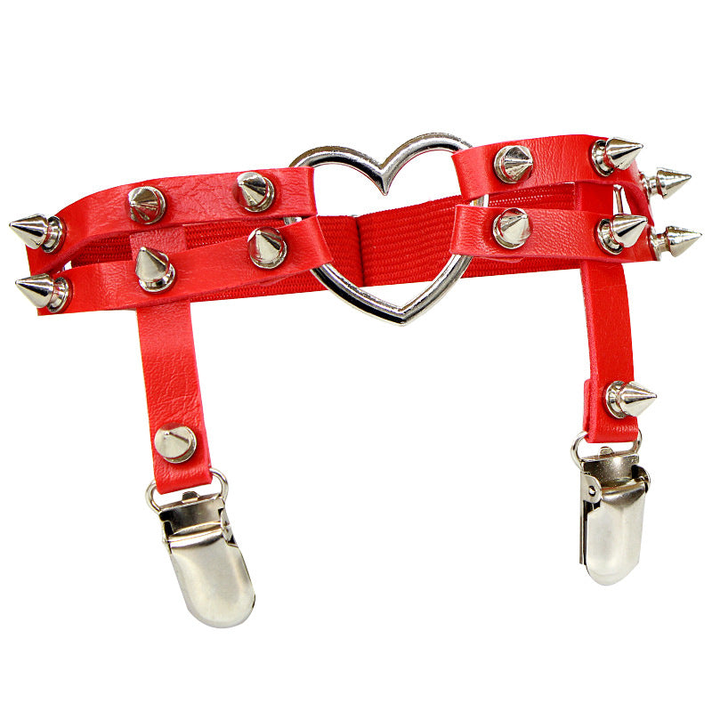 Red Punk Leather Thigh Garter With Heart - Femboy FashionPunk Leather Thigh Garter With Heart