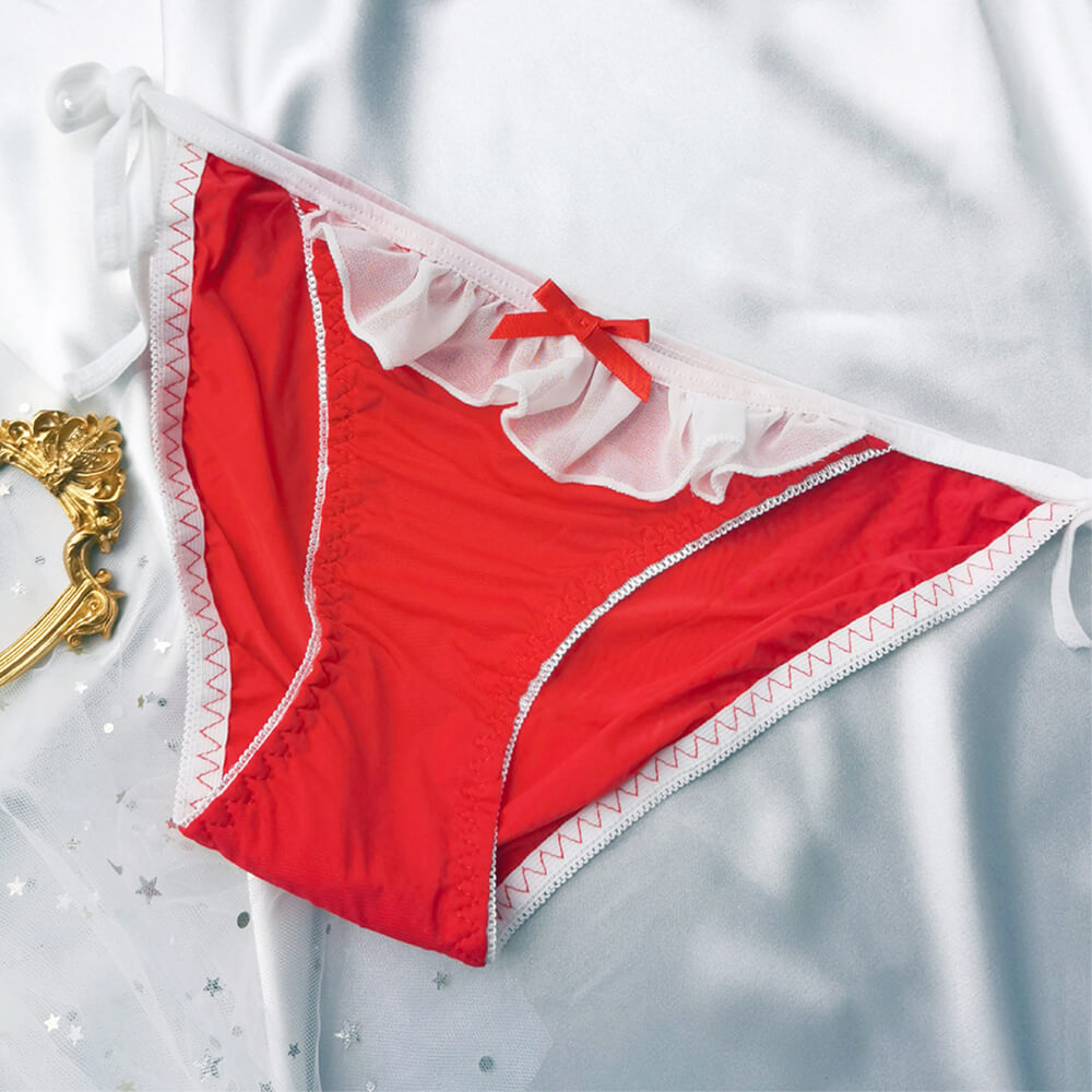 Red sexy maid tie side thong panty on a light gray background