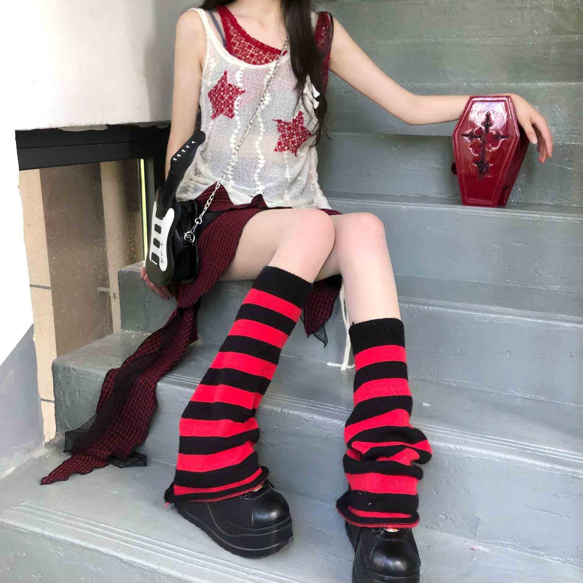 Red And Black Striped Leg Warmers - Femboy Fashion
