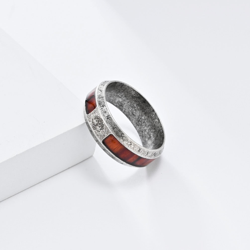 Retro tree of life viking rune wood grain stainless steel ring