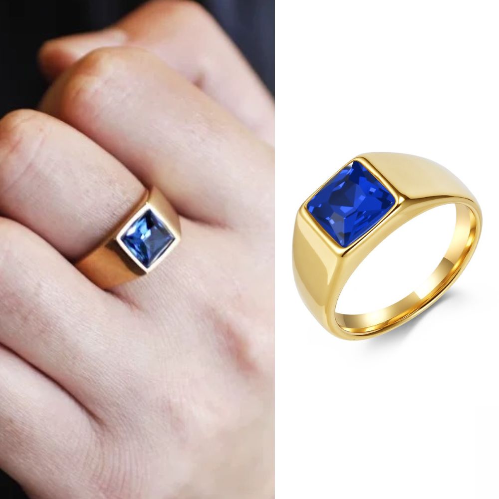 Rhombus square cut gemstone stainless steel ring