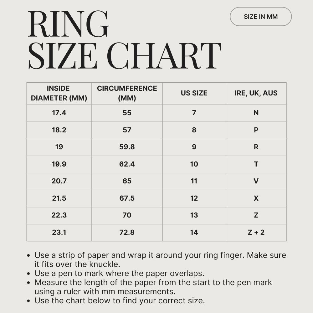Ring size chart with measurements and corresponding sizes.