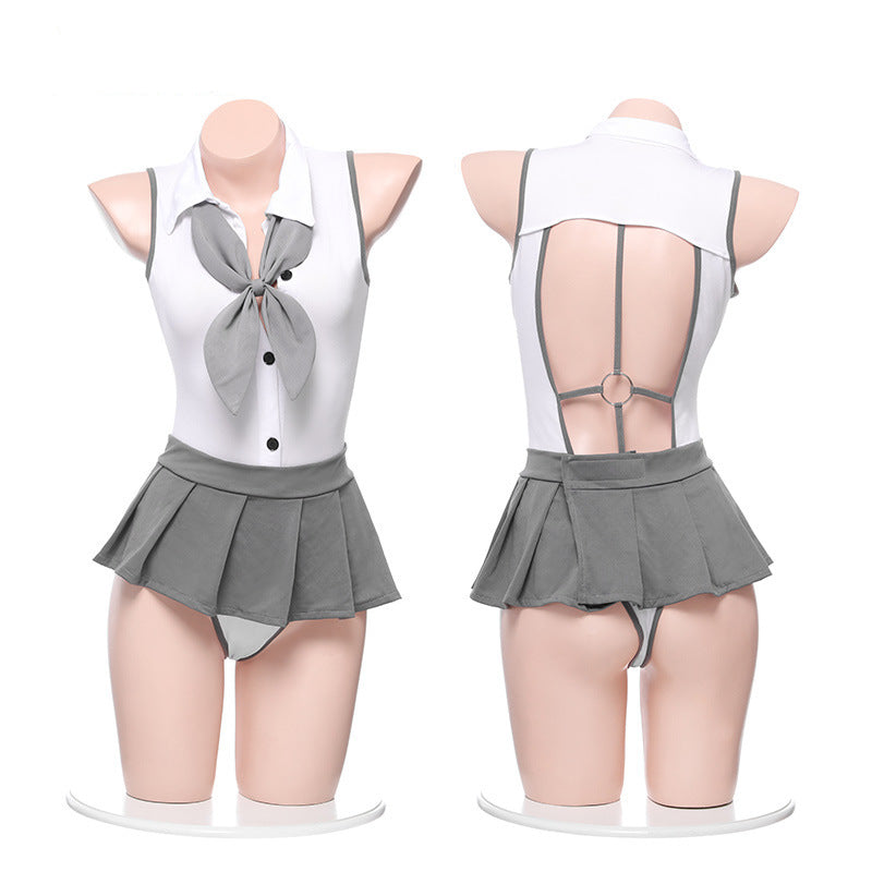 Schoolgirl Backless Uniform Lingerie Set Front and Back - Femboy Fashion