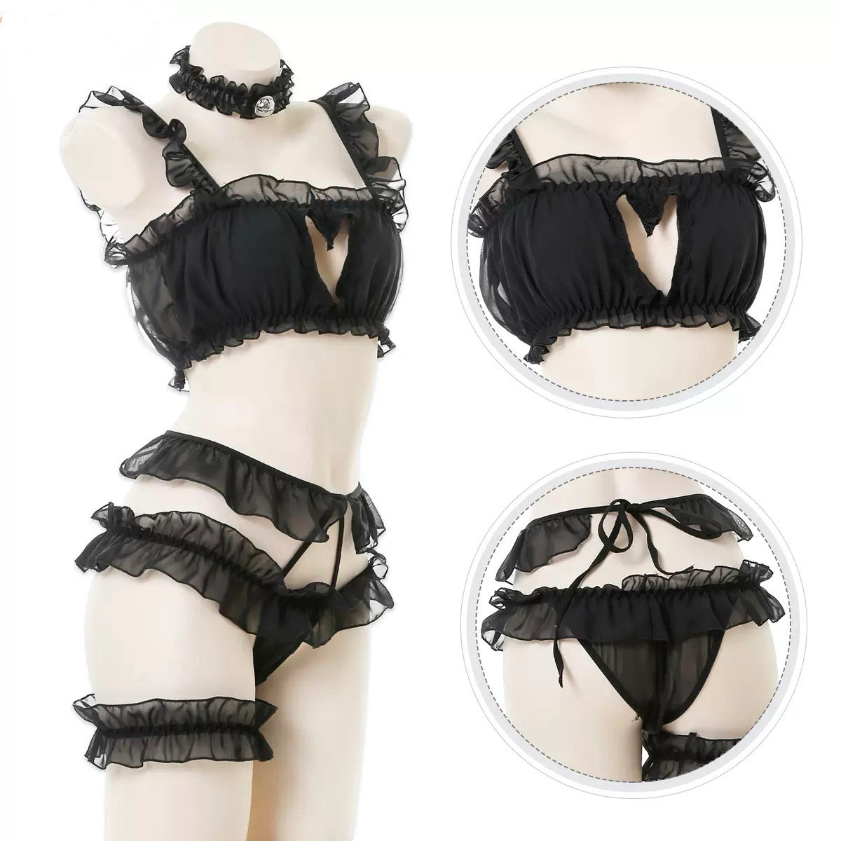 Black lingerie set on a mannequin with close-up insets.