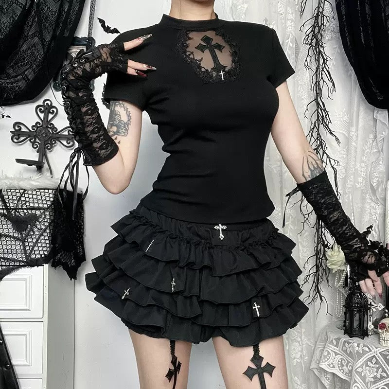 A Girl Wear a Black Gothic Cross T-Shirt - Femboy Fashion