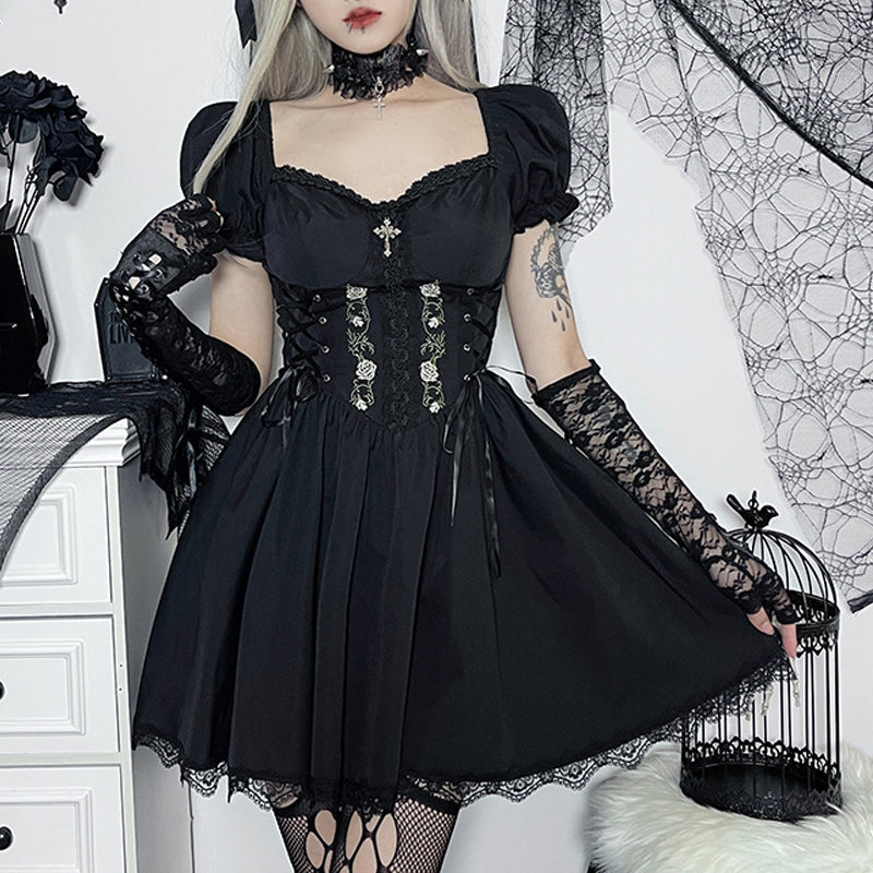 Femboy in Black Gothic Dress Short Sleeve - Femboy Fashion