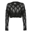 Black long-sleeve crop top with a unique pattern on a white background