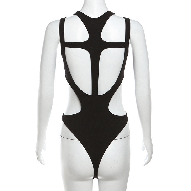 Black sexy black hollow out sleeveless bodysuit back