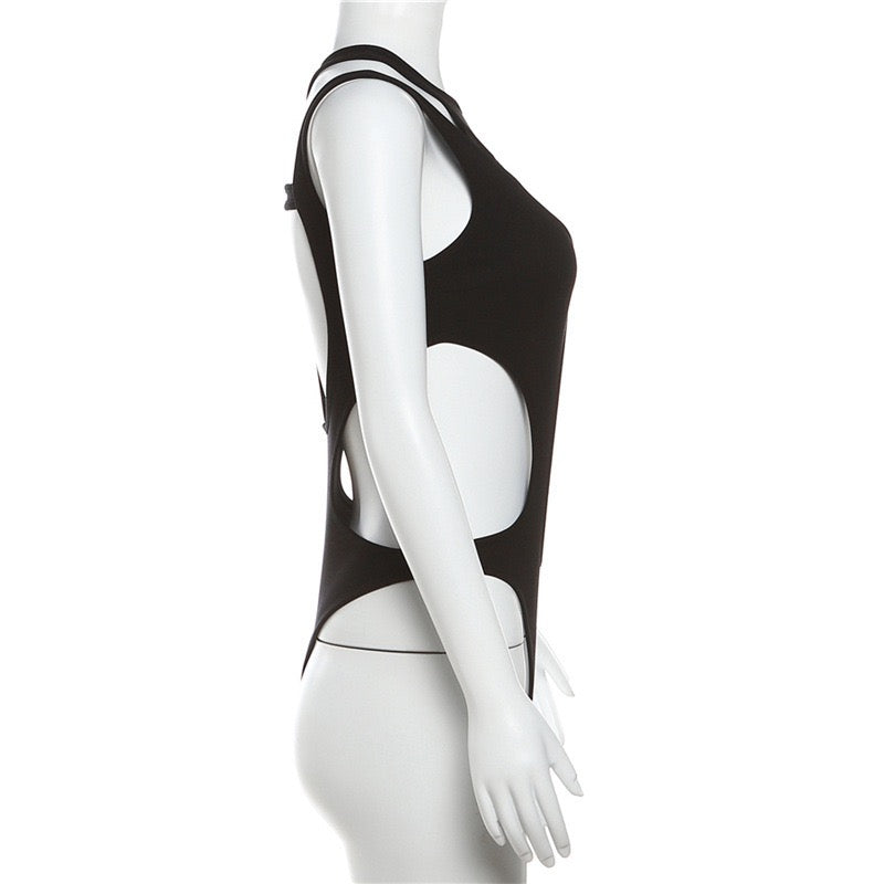 Black sexy black hollow out sleeveless bodysuit side