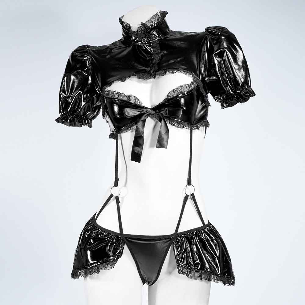 Sexy Black Leather Backless Lingerie Front - Femboy Fashion